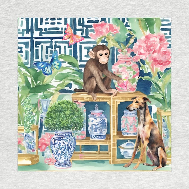 Monkey and Lurcher dog in chinoiserie interior by SophieClimaArt